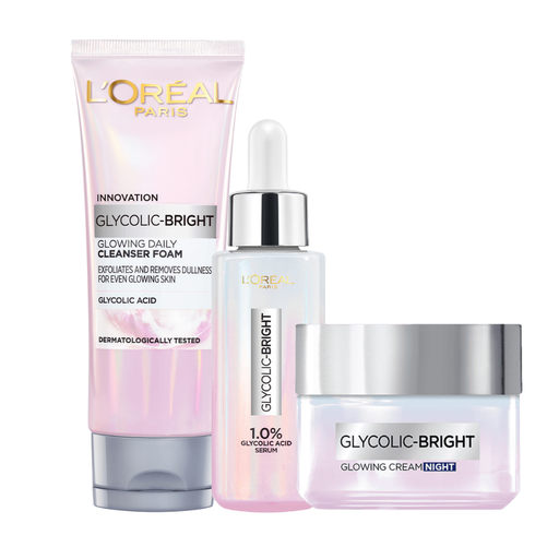 L'Oreal Glycolic Bright Cleanser Foam + Serum + Night Cream Offer 